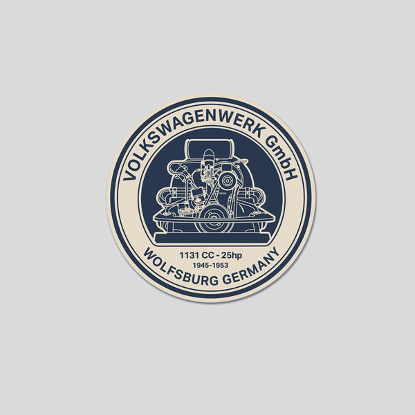 Round Volkswagen decal with 25hp engine illustration on a gray background