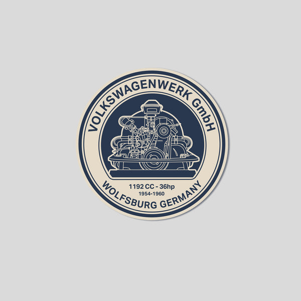 Volkswagen logo with engine illustration on a gray background